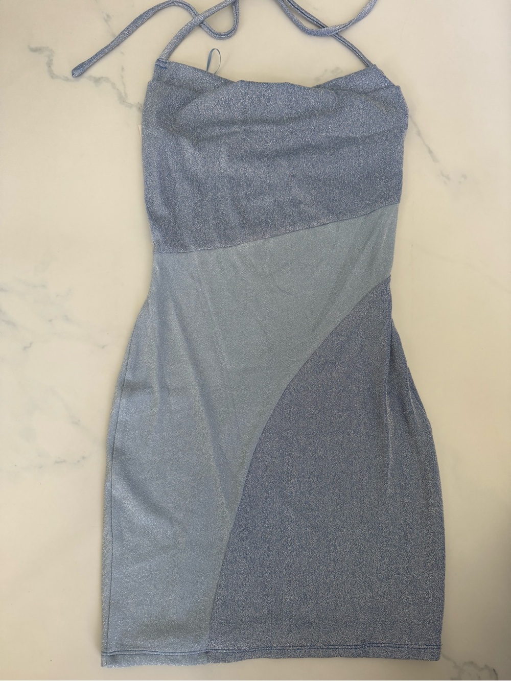 naked wardrobe Light Blue Shimmer Halter Mini Dress